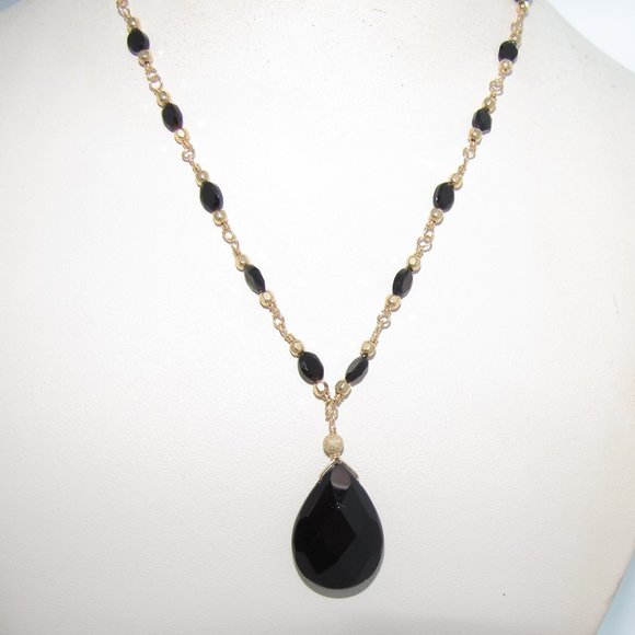 Aquarian Bohemian Art Jewelry - 16.75" Handmade Necklace: Black Agate, Onyx, 14KT Gold-Filled Wire-Wrapped Chain